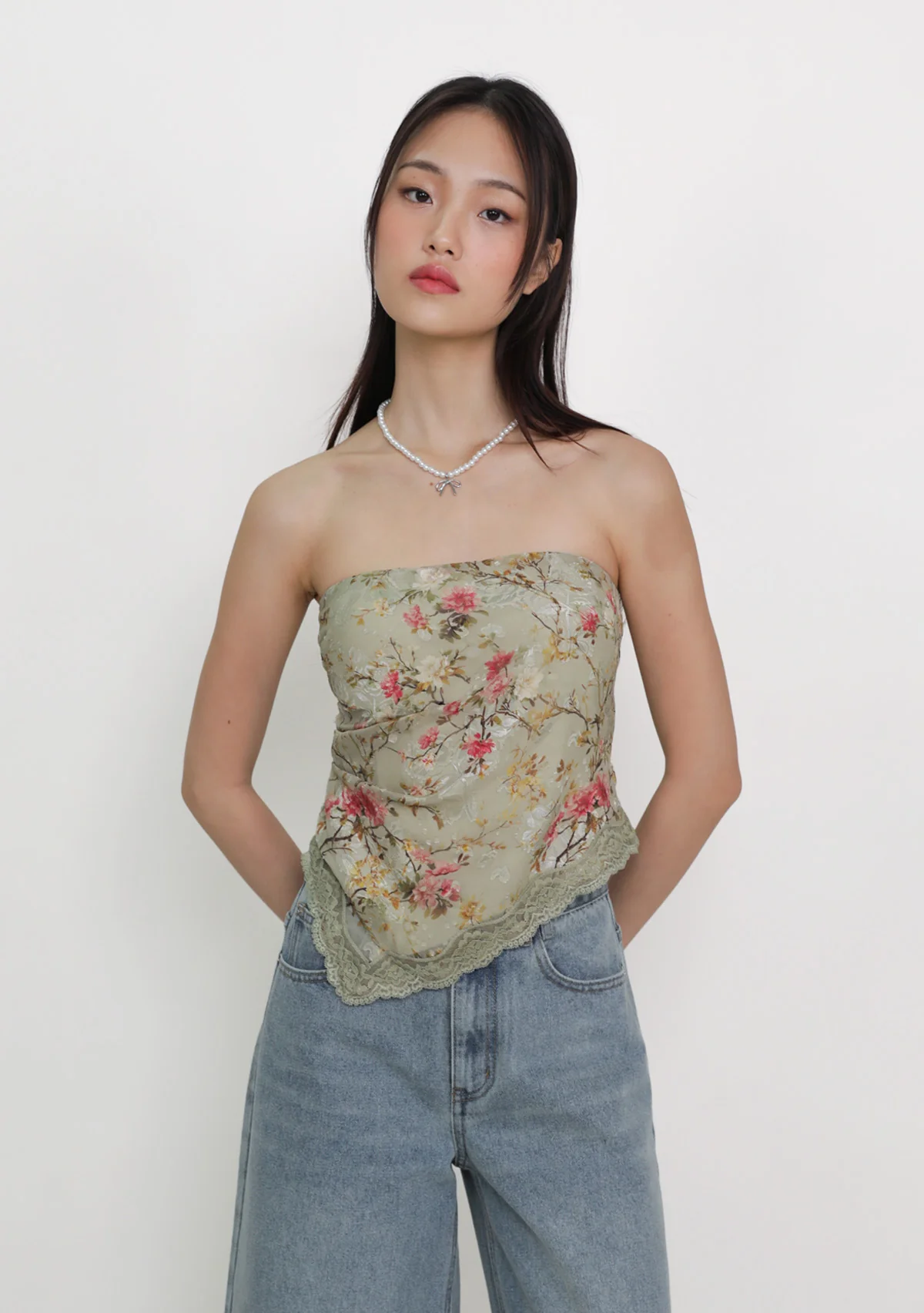 Aretha Lace Hem Padded Tube Top (Floral)
