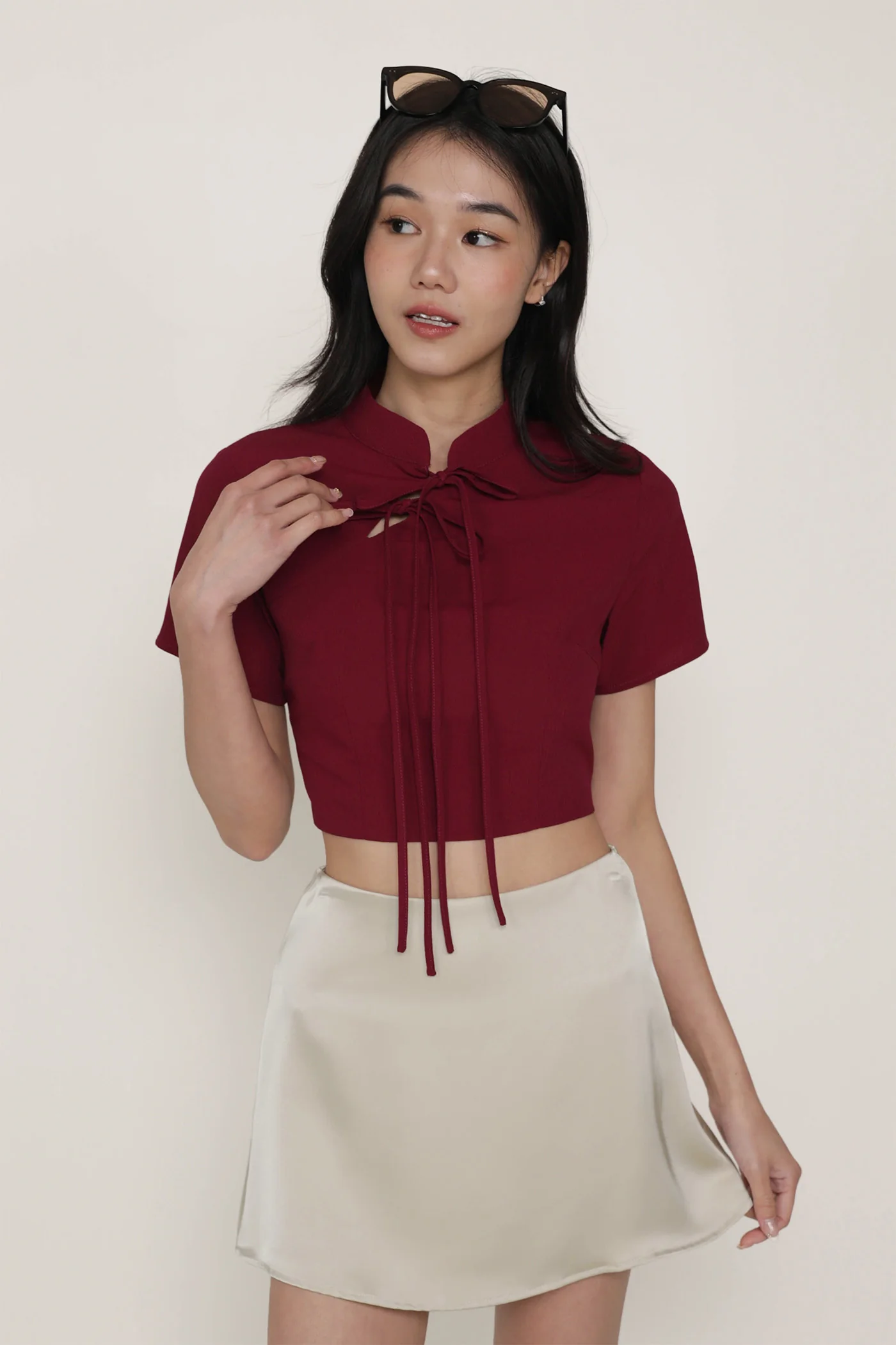 Arianne Mandarin Collar Ribbon Crop Top - Image 10