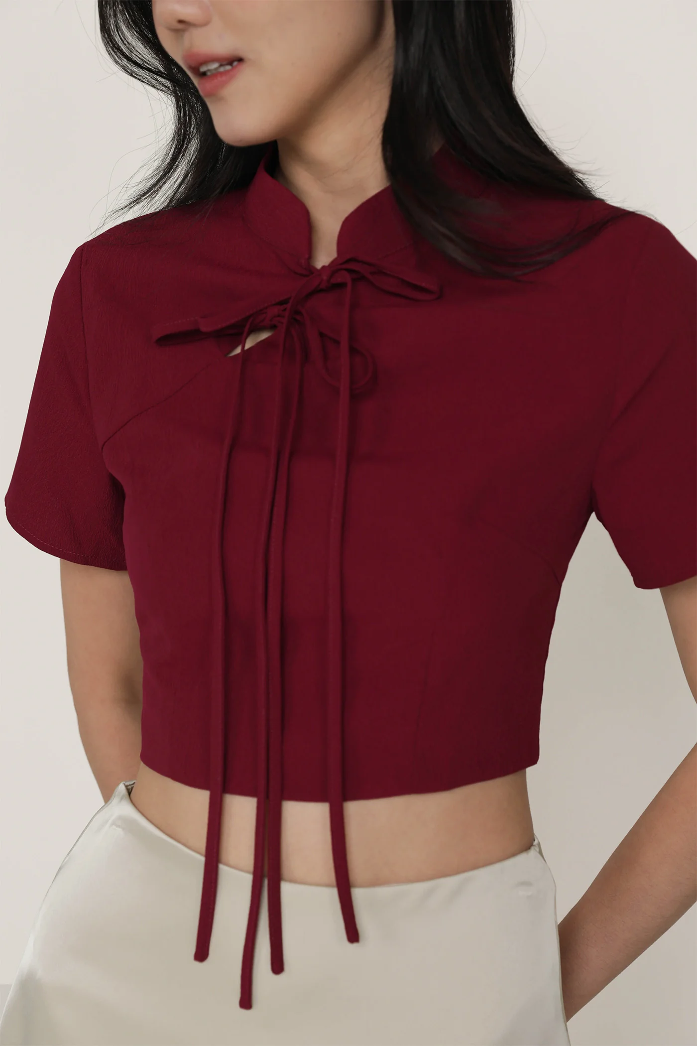 Arianne Mandarin Collar Ribbon Crop Top - Image 11