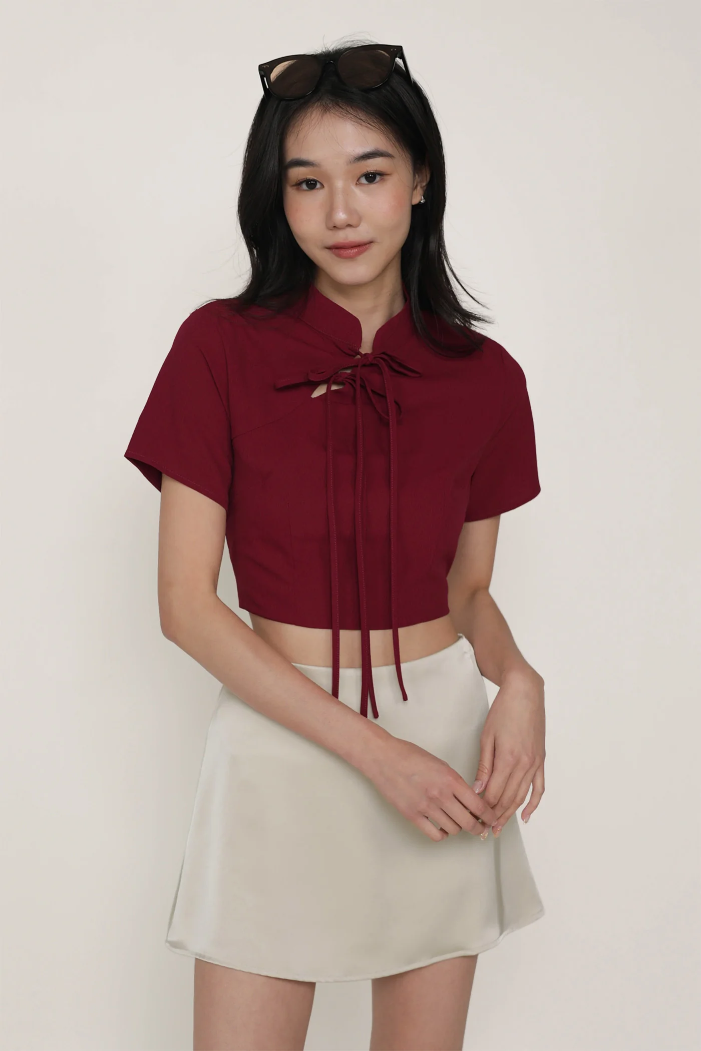 Arianne Mandarin Collar Ribbon Crop Top - Image 12