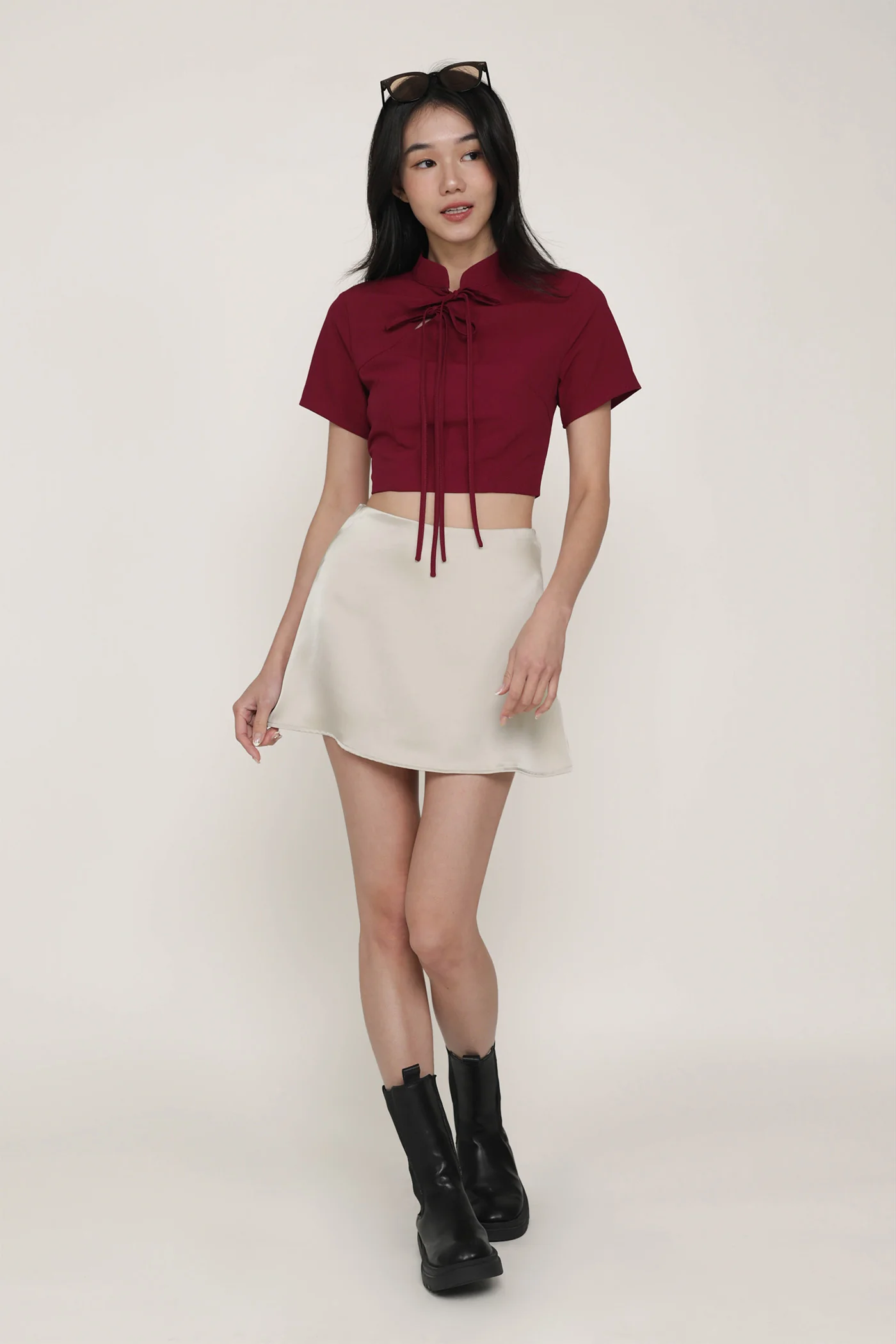 Arianne Mandarin Collar Ribbon Crop Top - Image 13