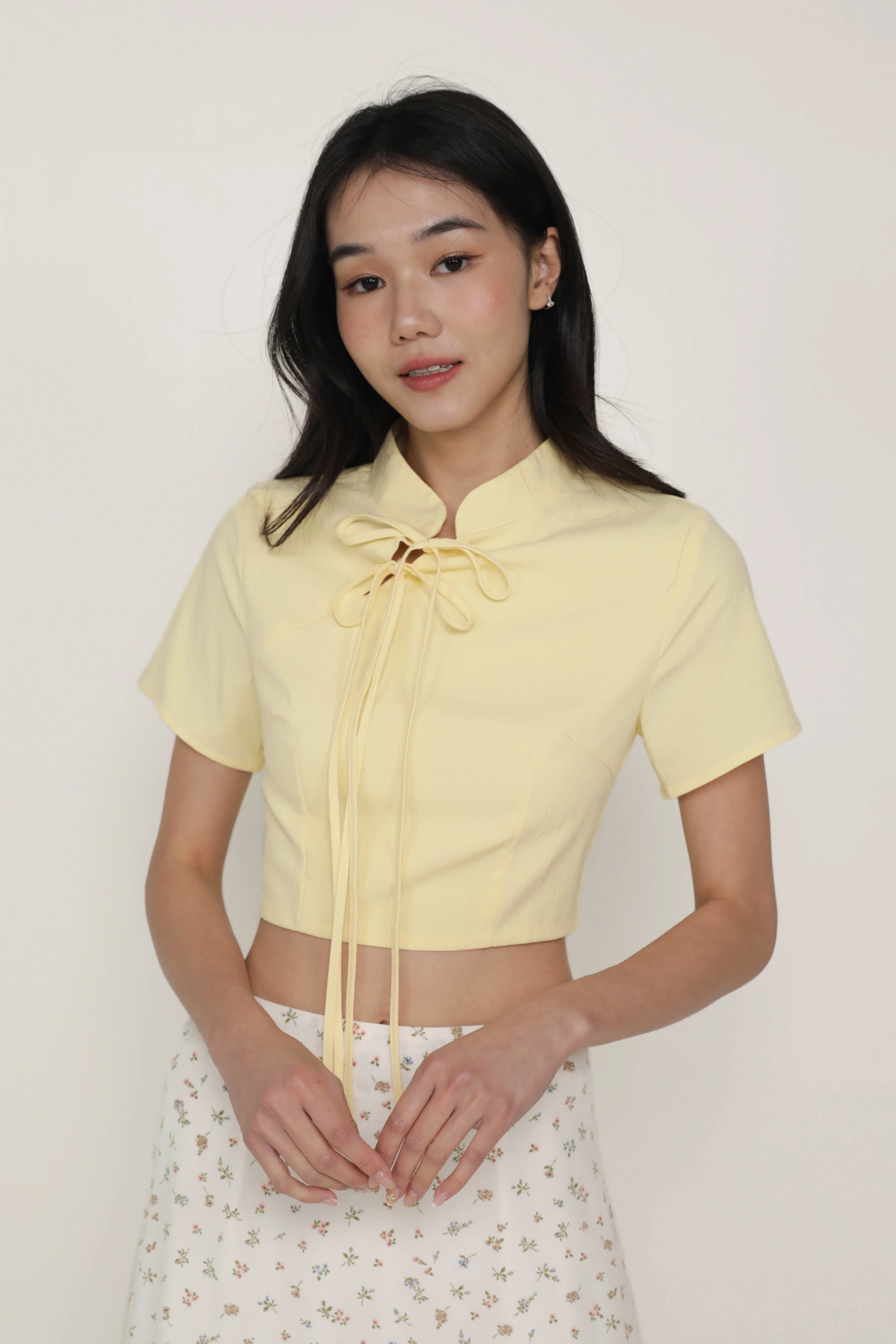 Arianne Mandarin Collar Ribbon Crop Top - Image 17