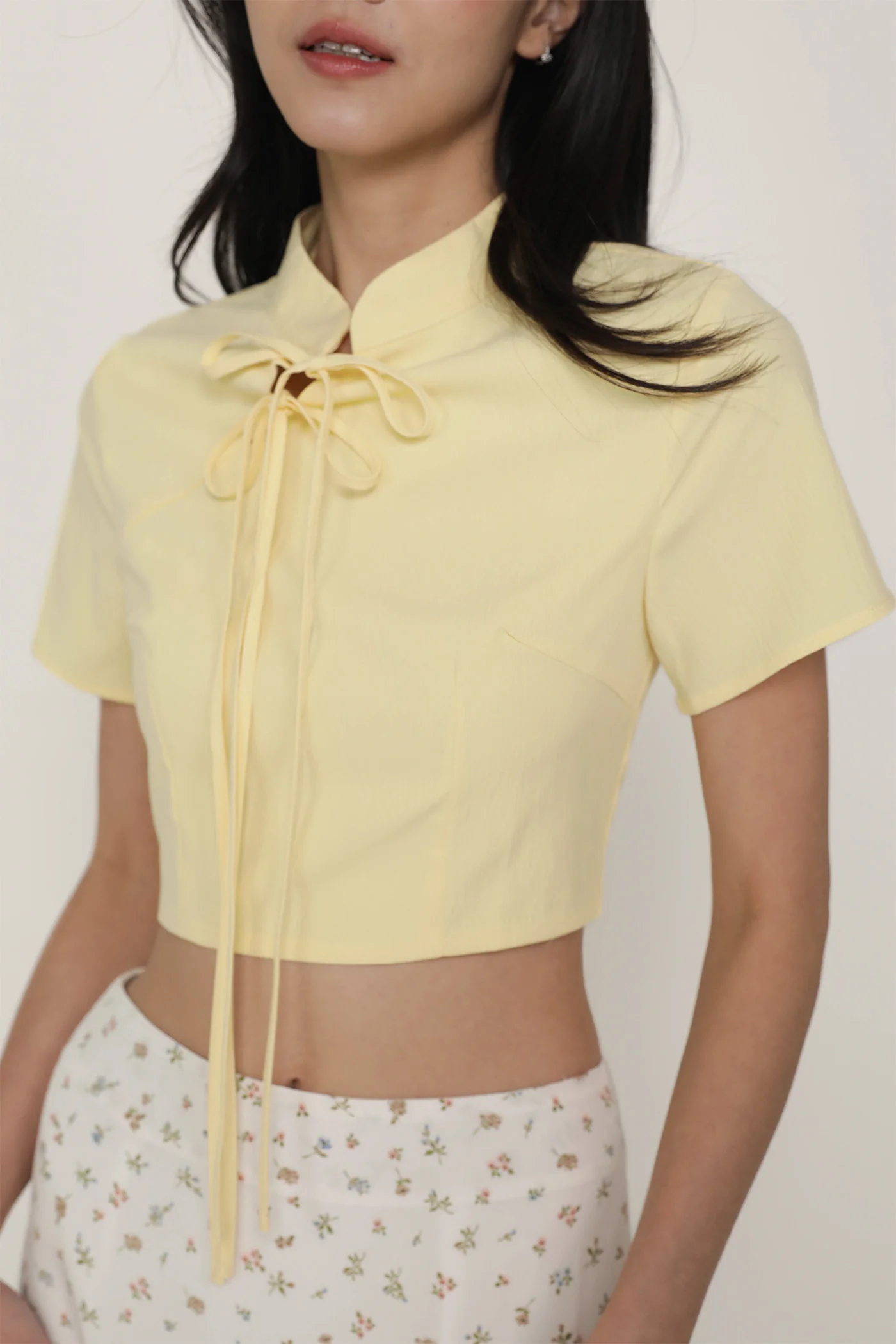 Arianne Mandarin Collar Ribbon Crop Top - Image 19