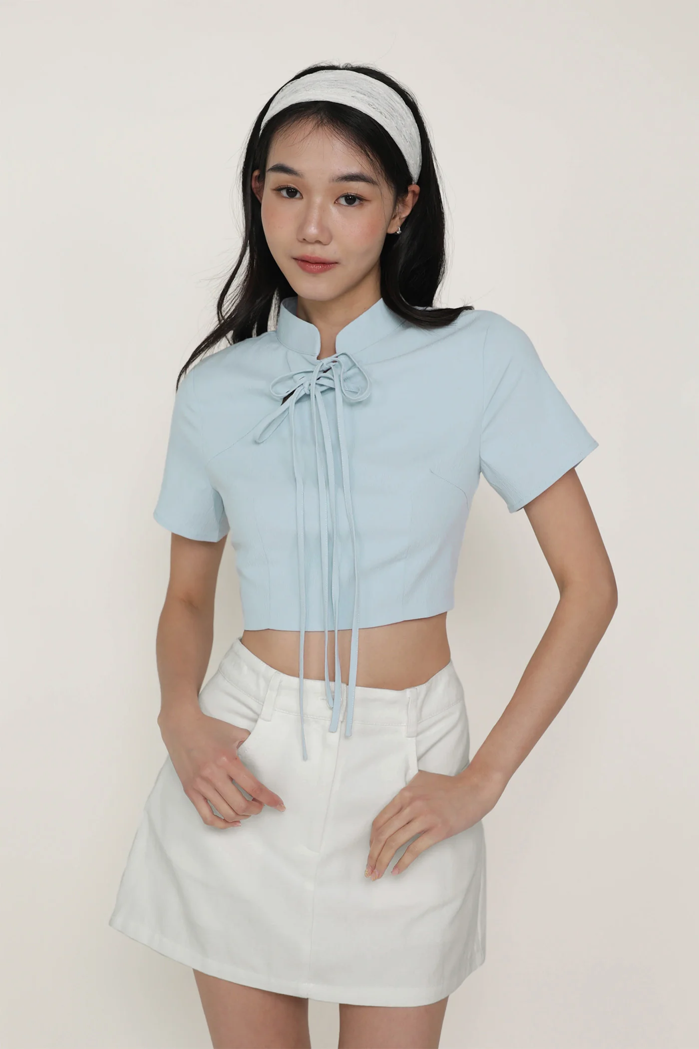 Arianne Mandarin Collar Ribbon Crop Top - Image 3