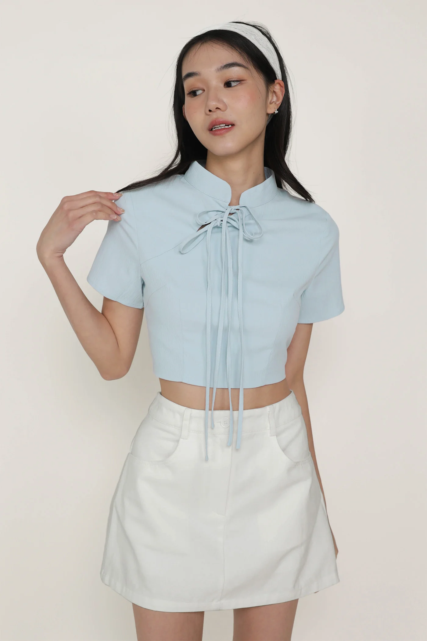 Arianne Mandarin Collar Ribbon Crop Top - Image 5