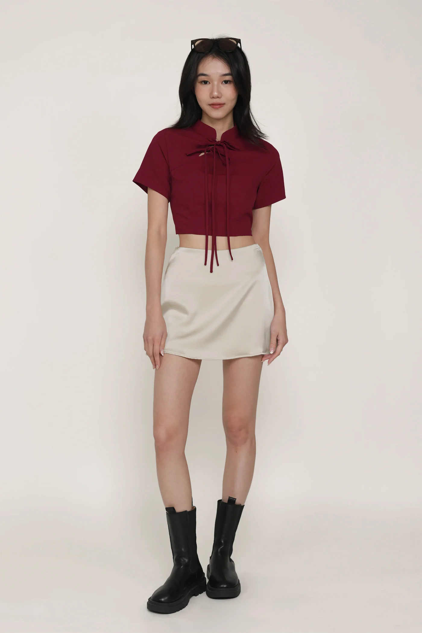 Arianne Mandarin Collar Ribbon Crop Top - Image 8