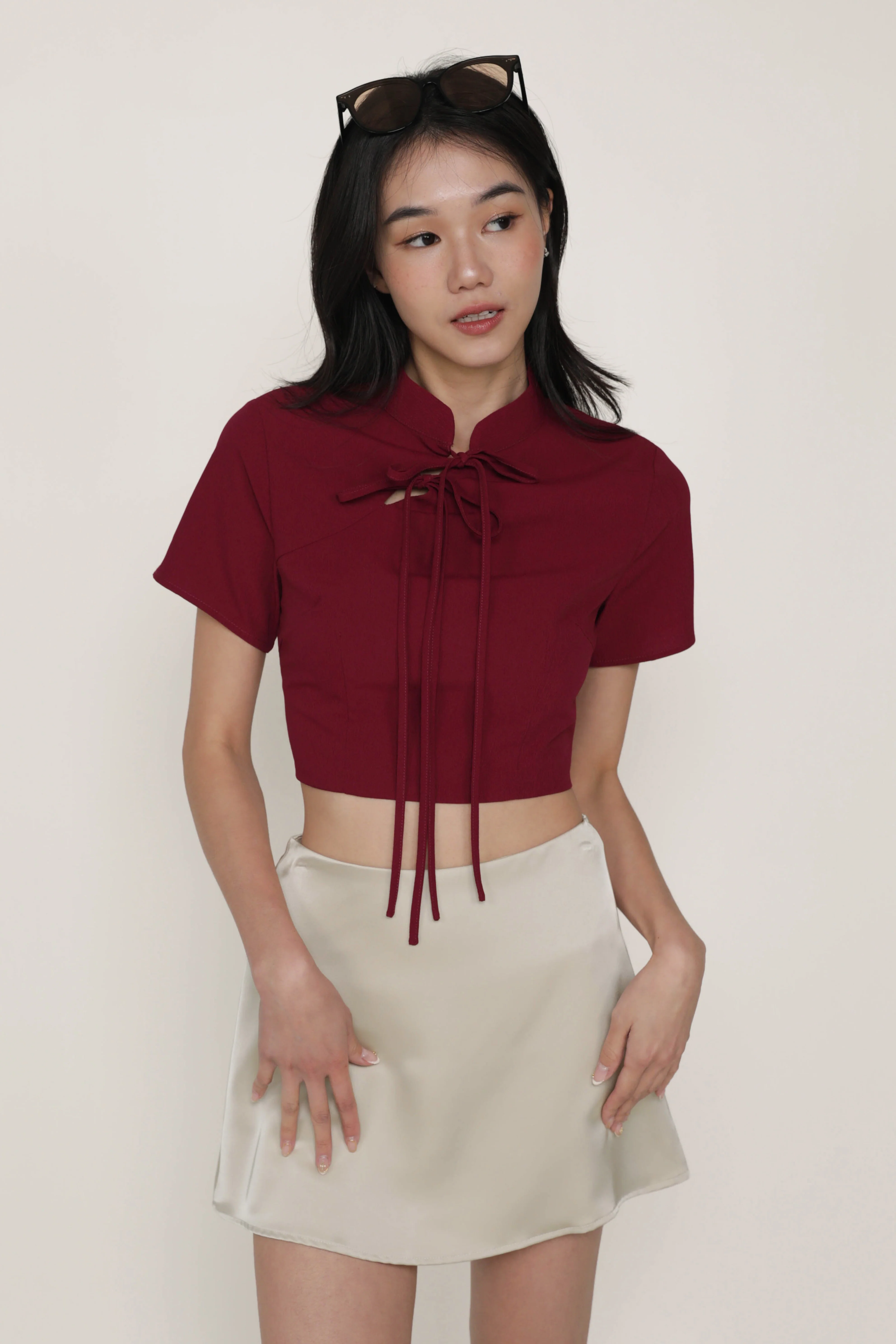 Arianne Mandarin Collar Ribbon Crop Top - Image 9