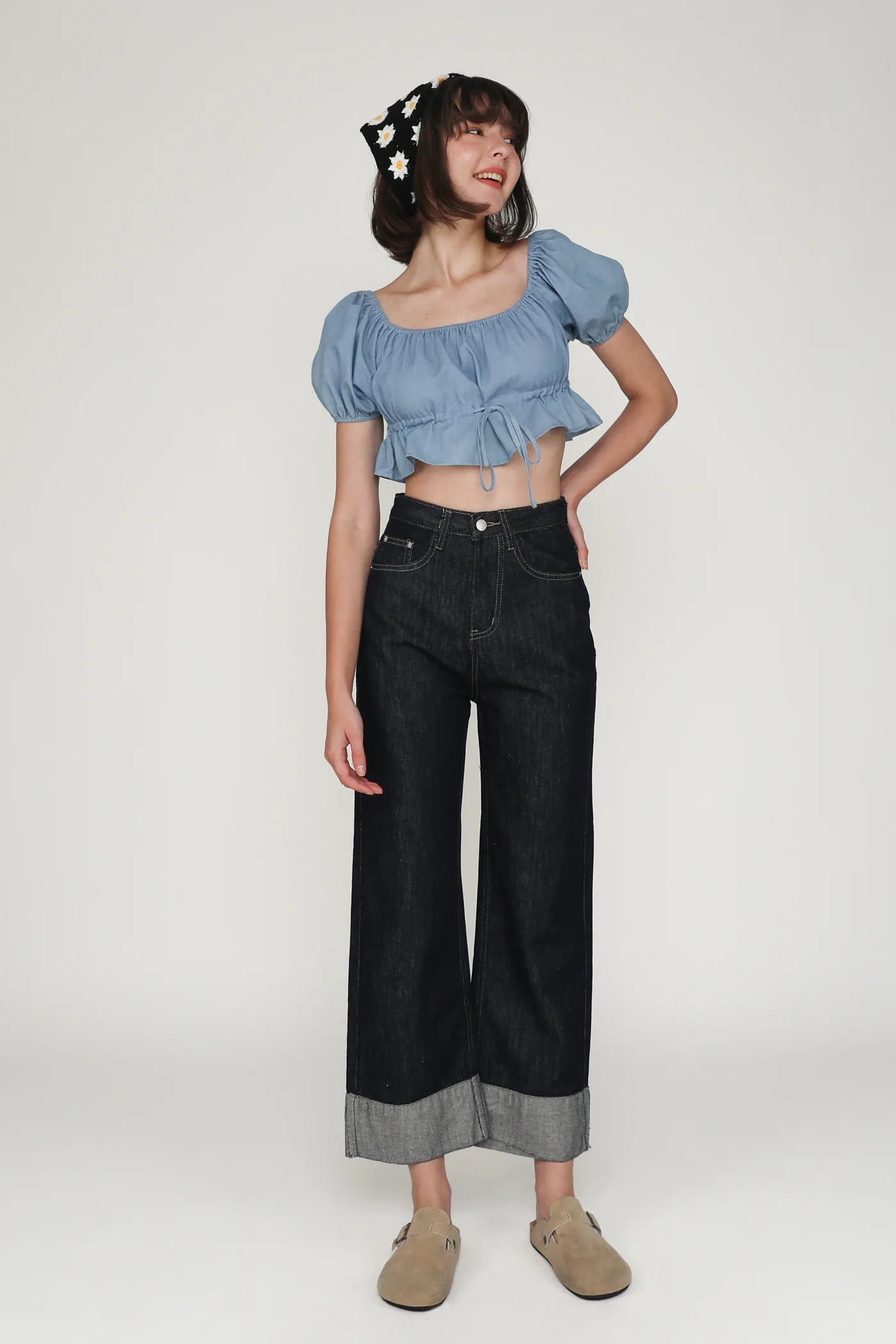Bert Chambray Puffy Drawstring Sleeve Top - Image 2
