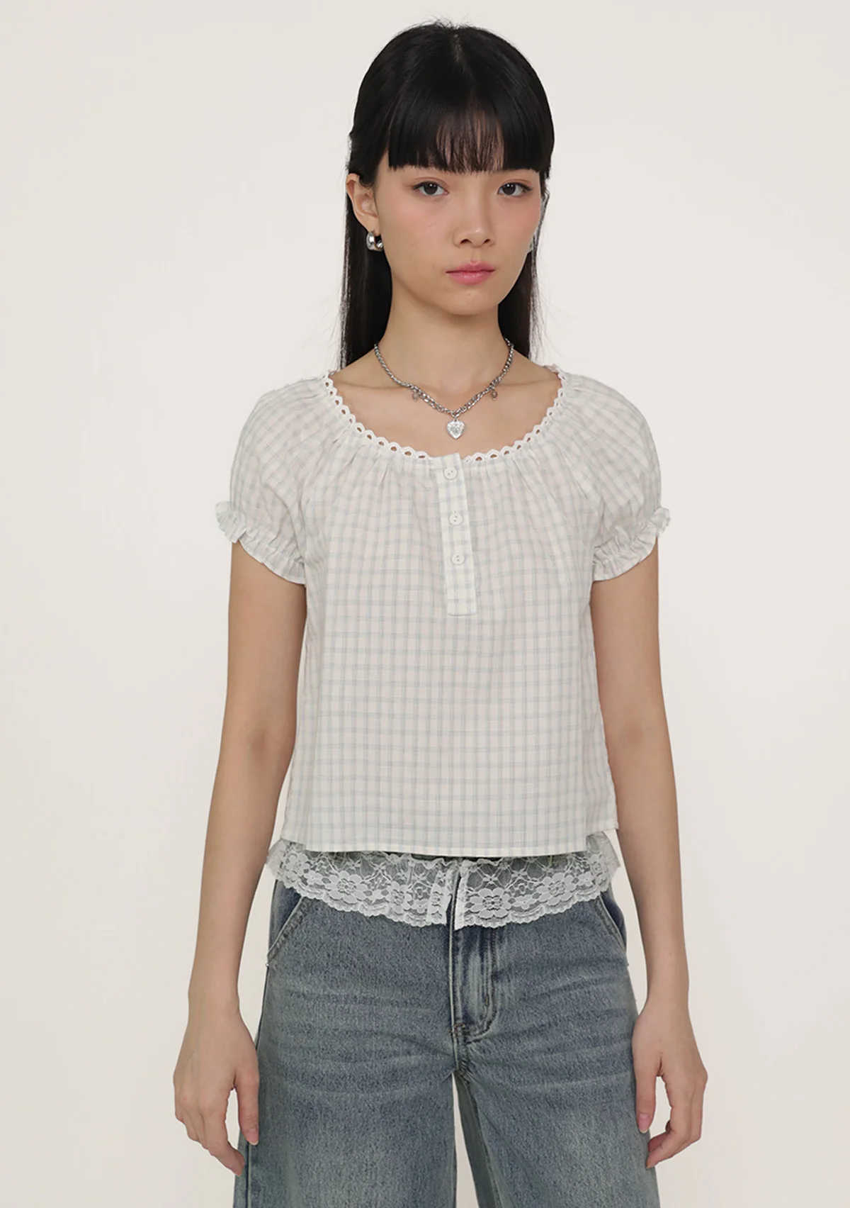 Cindy Lace Trim Blouse (Plaid) - Image 7