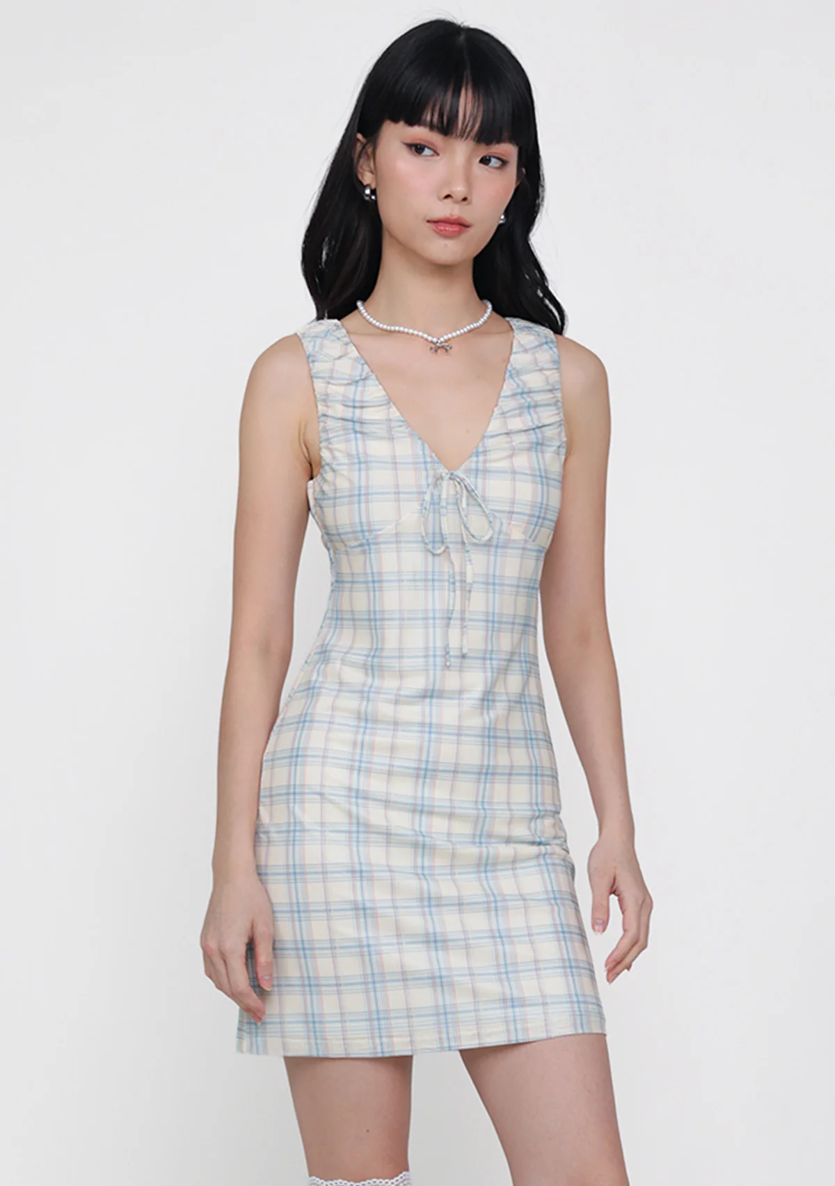 Clarine Ruched Mesh Dress (Plaid) - Image 2