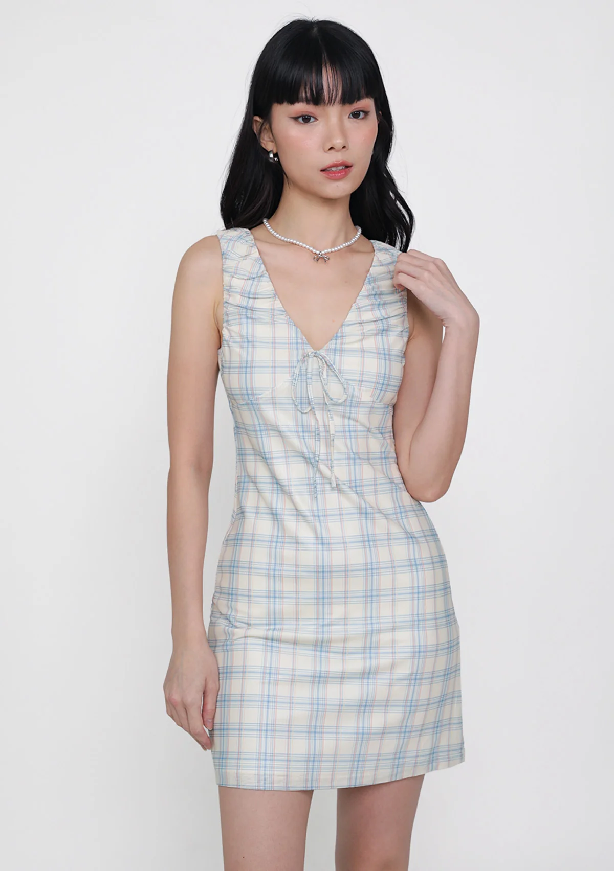 Clarine Ruched Mesh Dress (Plaid) - Image 5