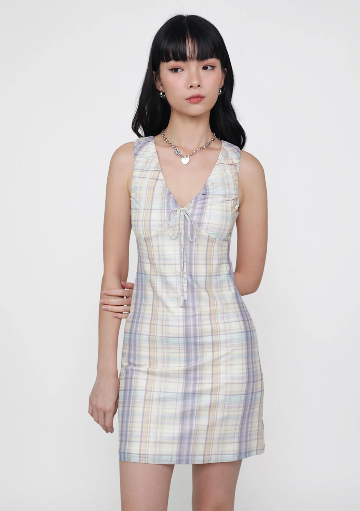 Clarine Ruched Mesh Dress (Plaid) - Image 9
