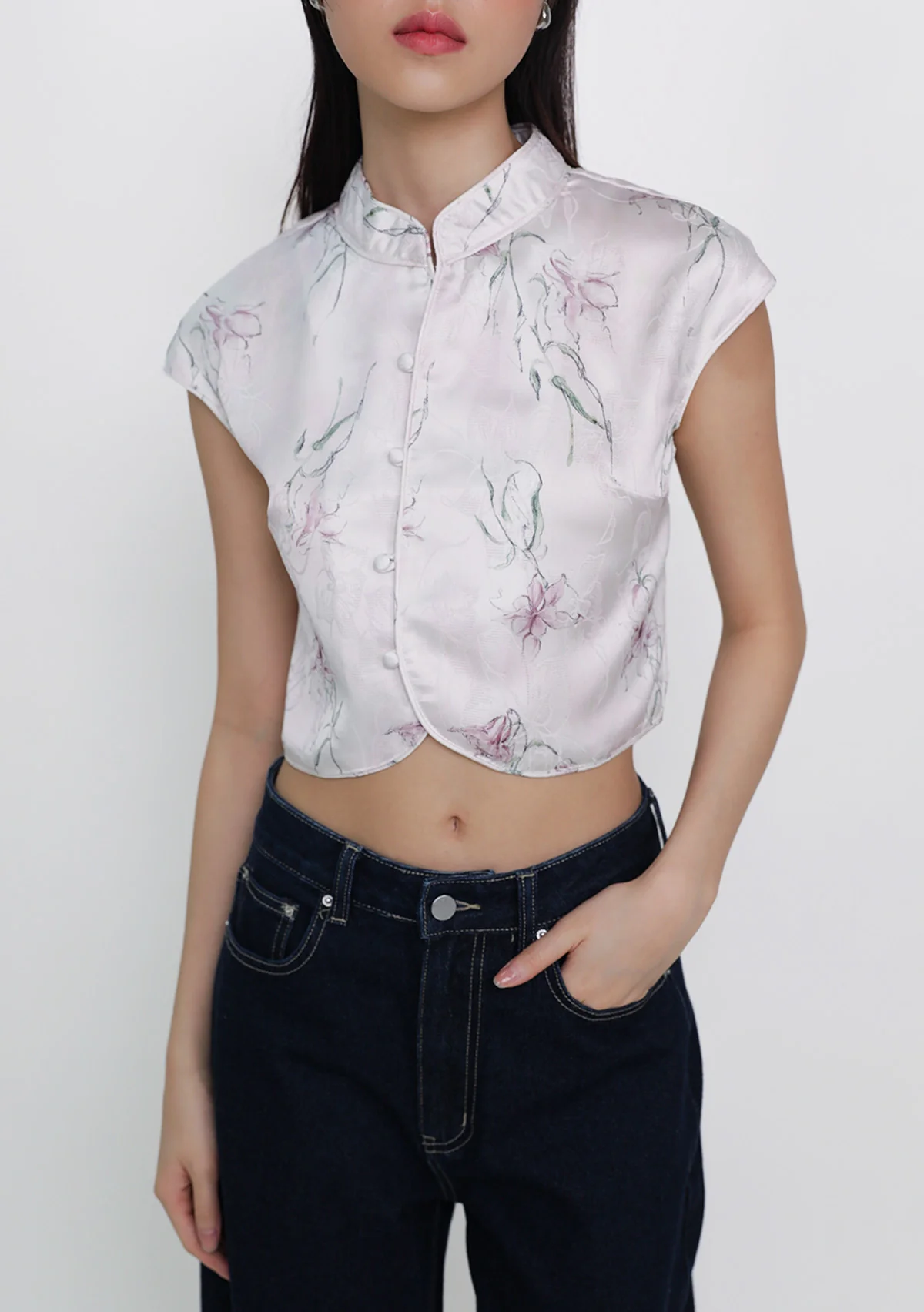 Ethna Mandarin Collar Button Top (Floral) - Image 10