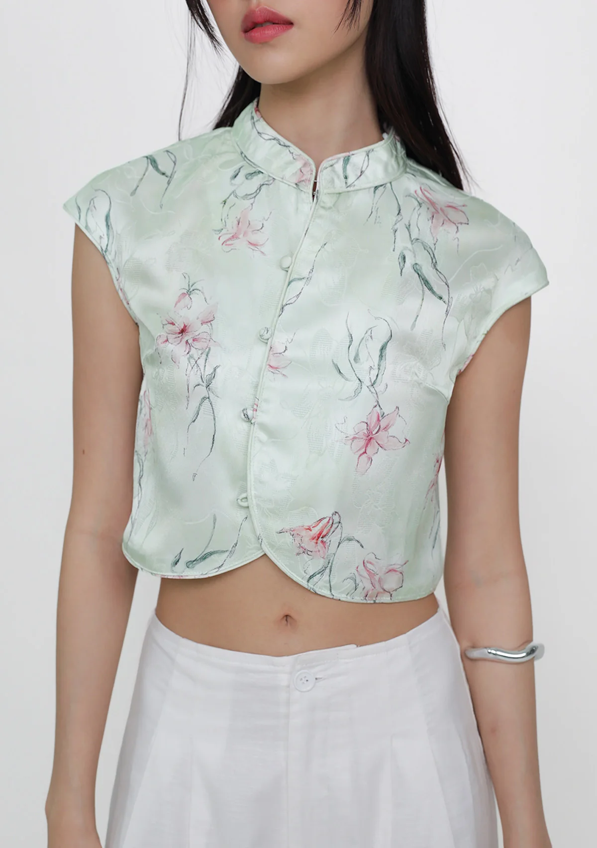 Ethna Mandarin Collar Button Top (Floral) - Image 14