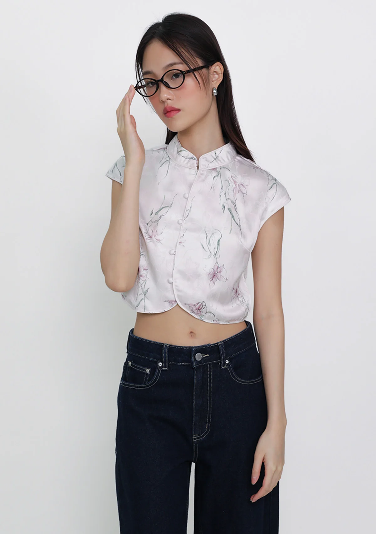 Ethna Mandarin Collar Button Top (Floral) - Image 9