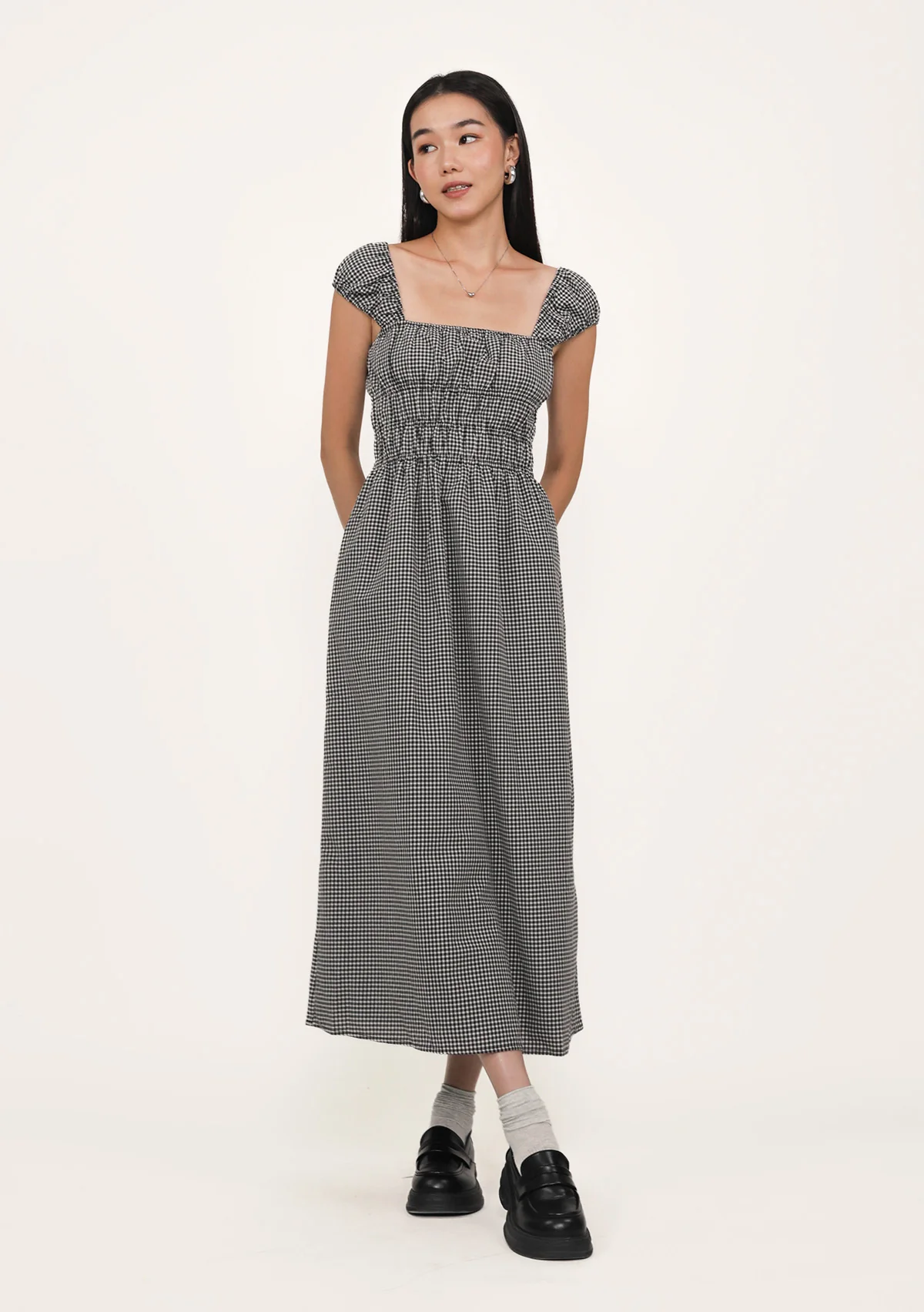 Janelle Shirred Midi Dress (Plaid) - Image 10