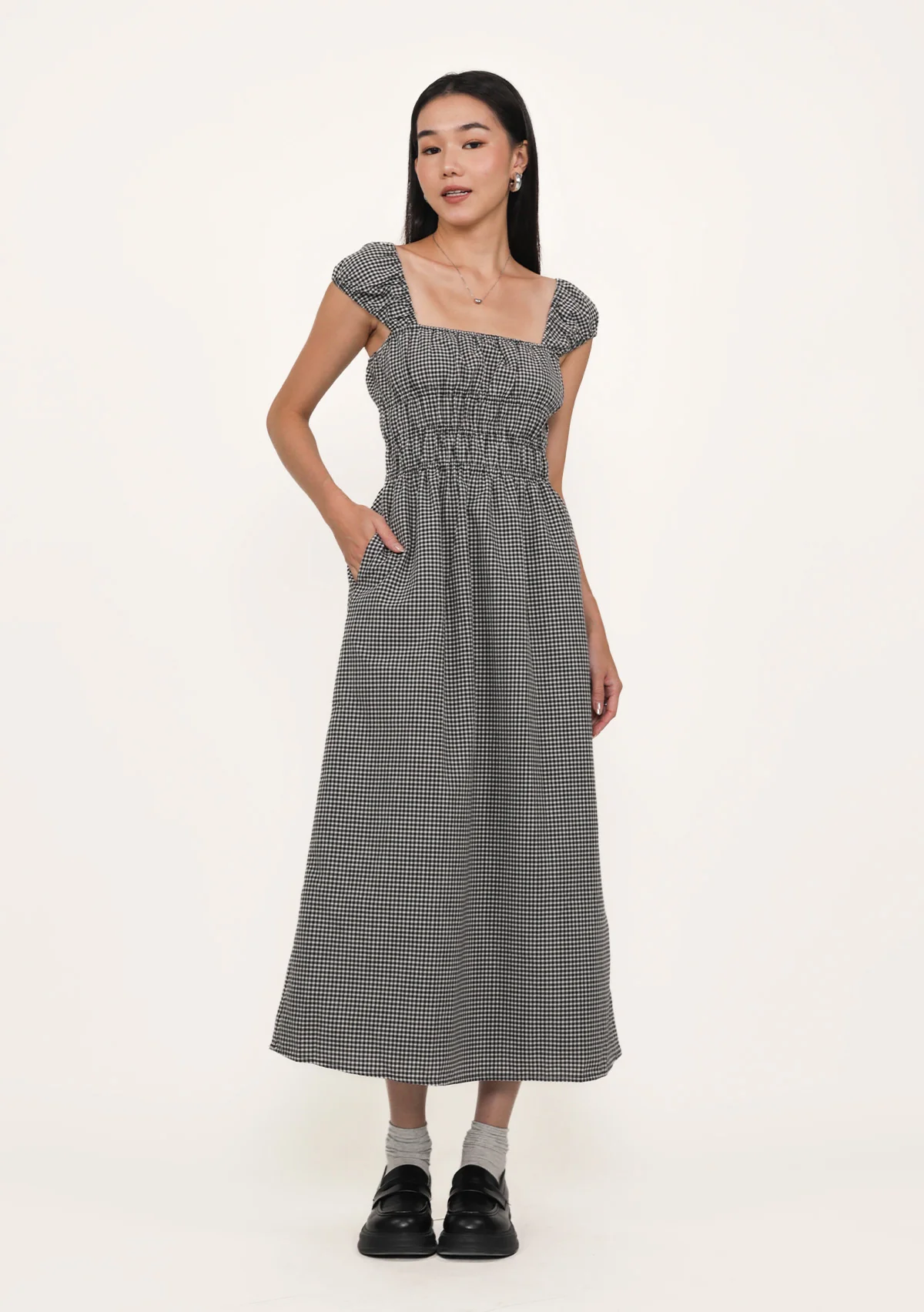 Janelle Shirred Midi Dress (Plaid) - Image 2