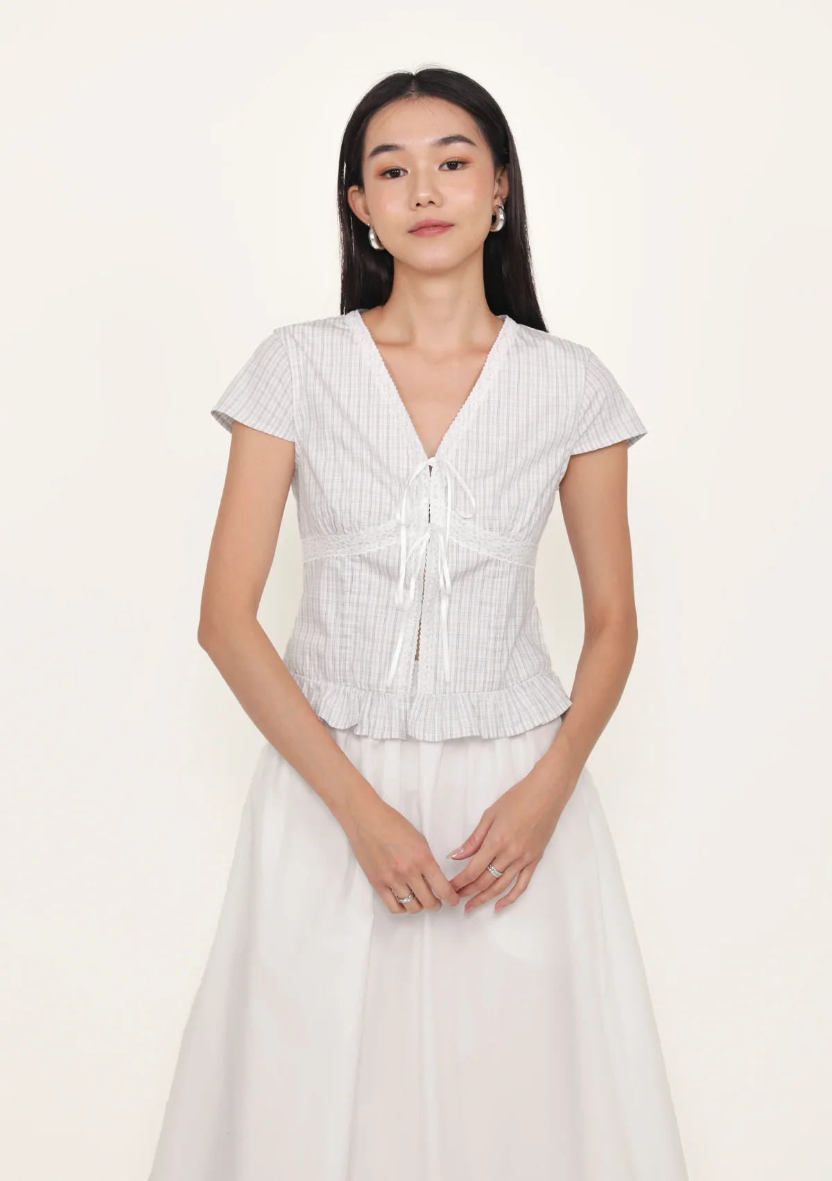 Manila Lace Trim Ribbon Blouse (Plaid) - Image 8