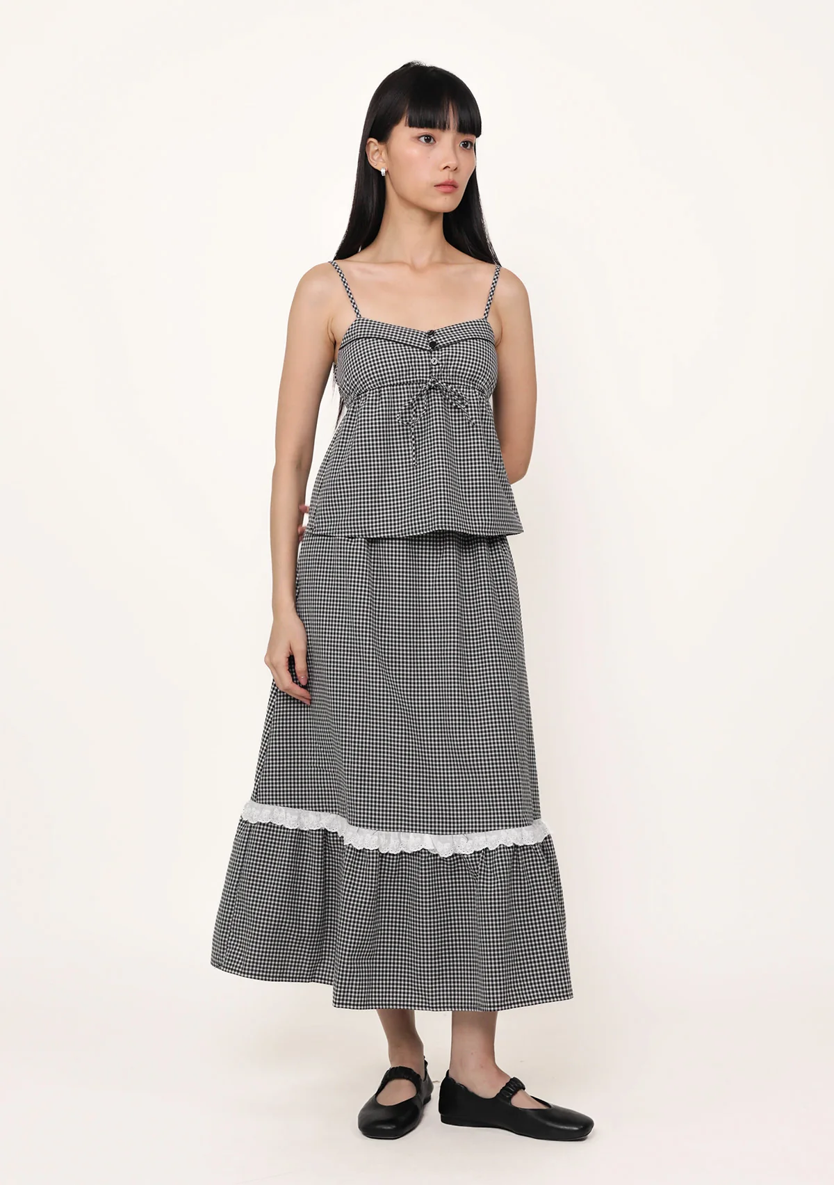 Mirelle Lace Trim Midi Skirt (Plaid)