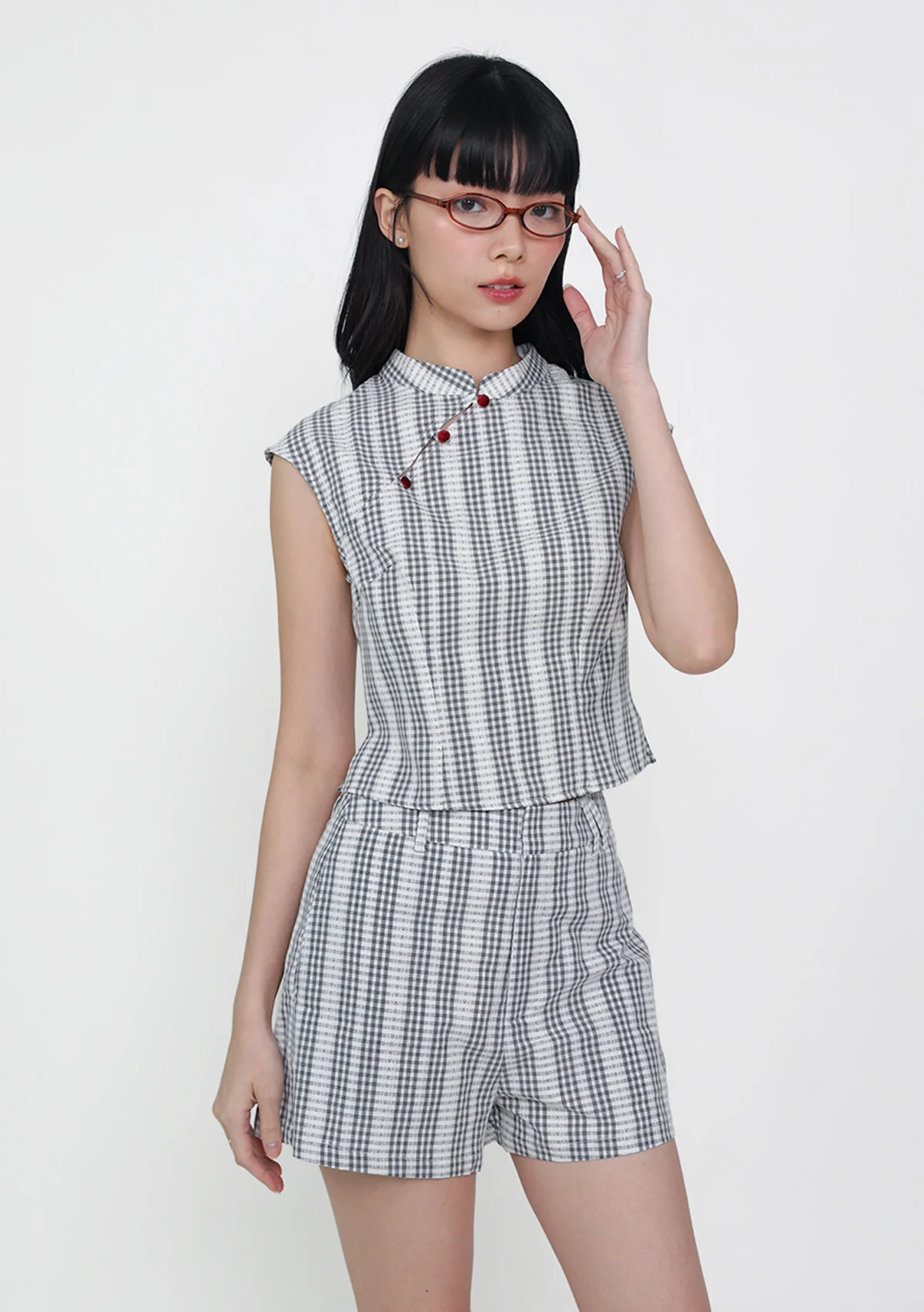 Ning Velvet Button Cheongsam Top (Plaid) - Image 2