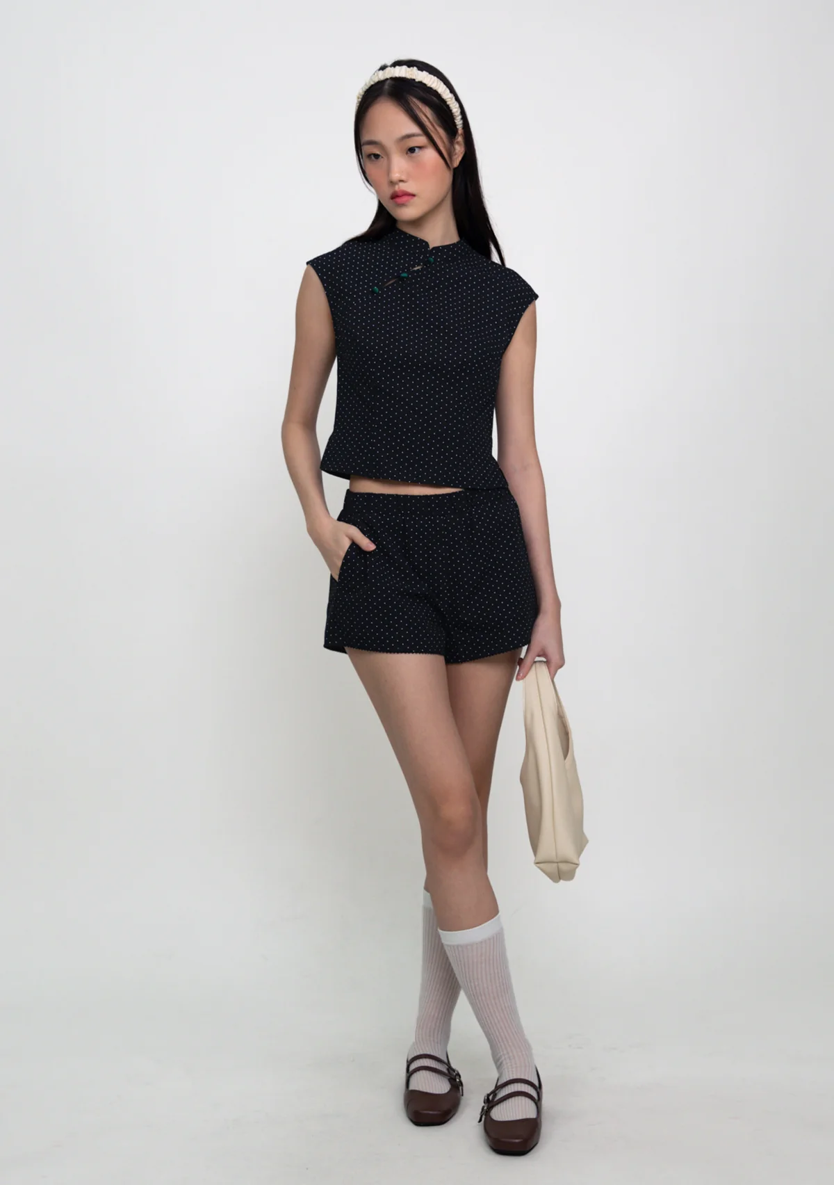 Ning Velvet Button Cheongsam Top (Polka Dot) - Image 3