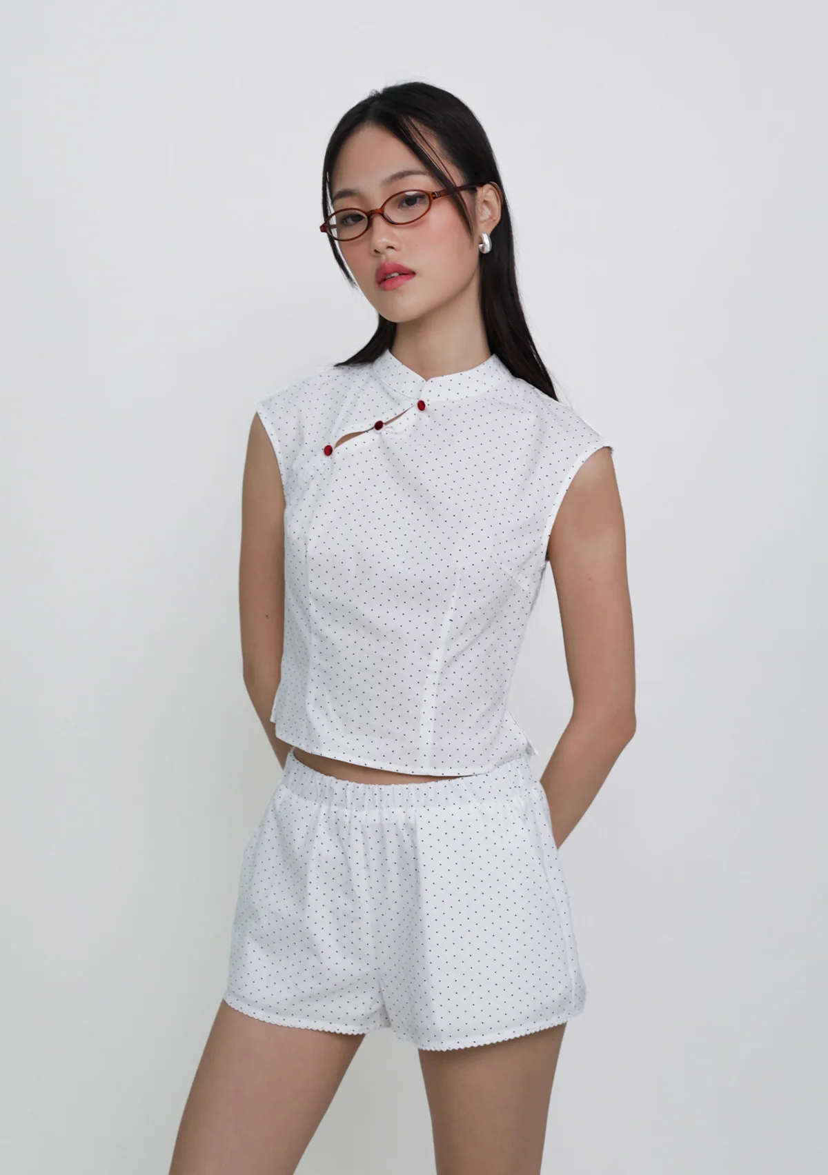 Ning Velvet Button Cheongsam Top (Polka Dot) - Image 5