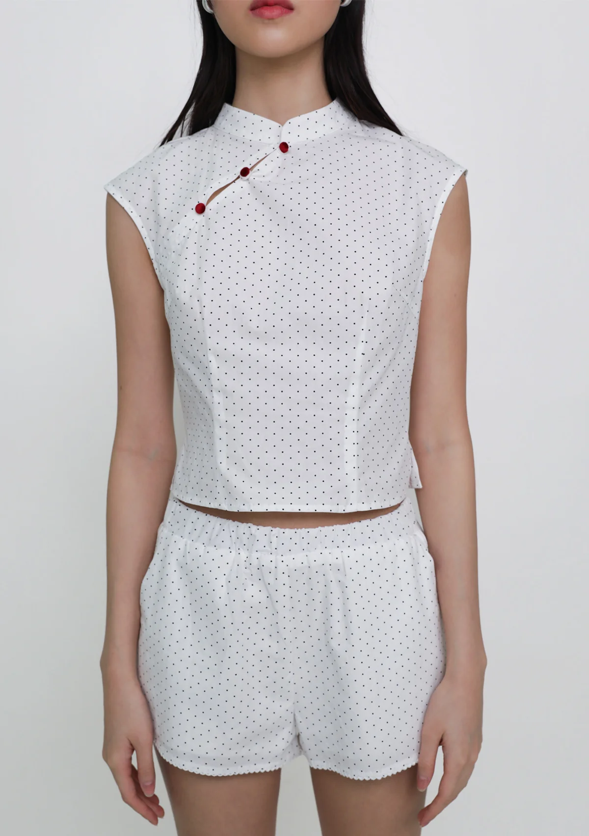 Ning Velvet Button Cheongsam Top (Polka Dot) - Image 6