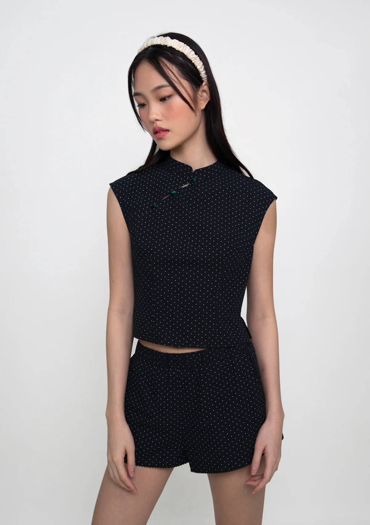 Ning Velvet Button Cheongsam Top (Polka Dot) - Image 7