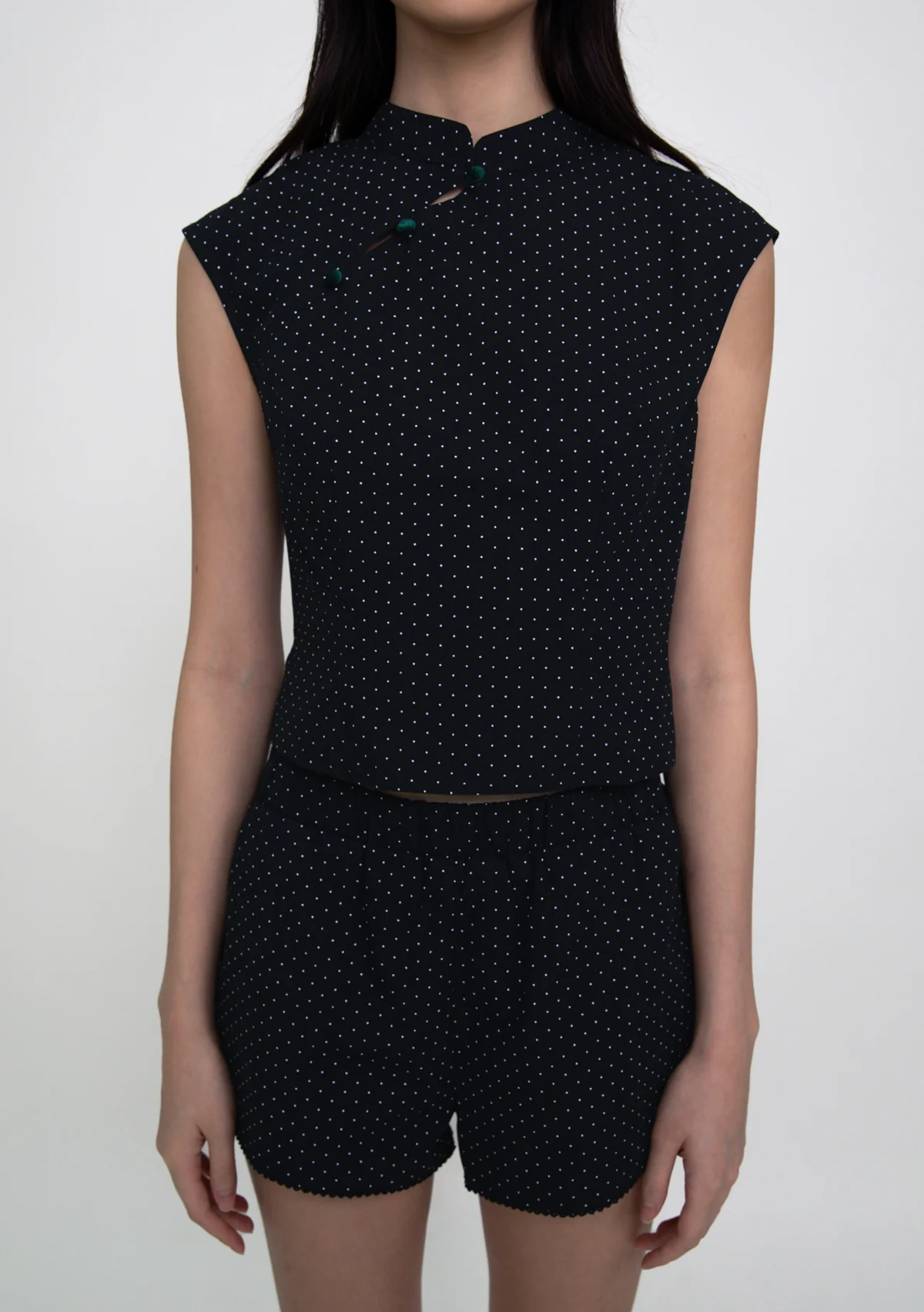 Ning Velvet Button Cheongsam Top (Polka Dot) - Image 8