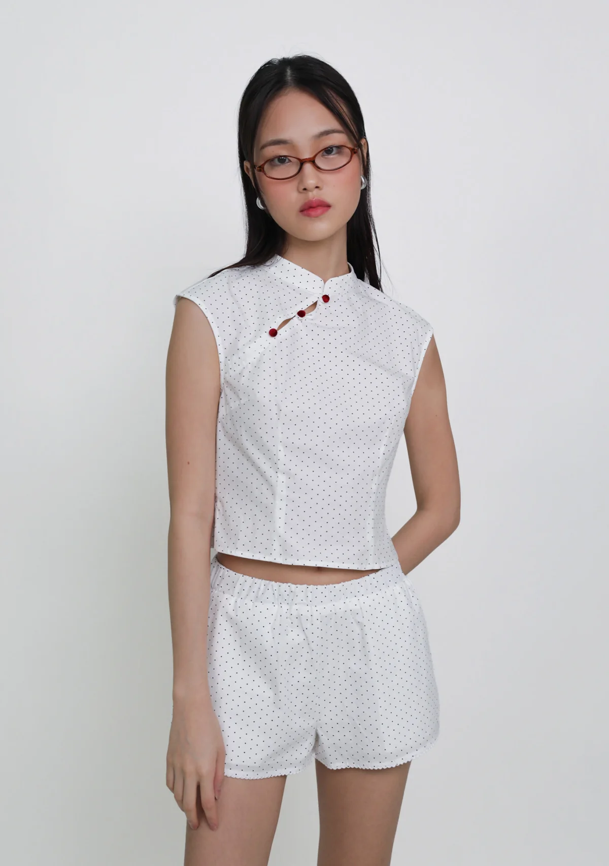 Ning Velvet Button Cheongsam Top (Polka Dot) - Image 9