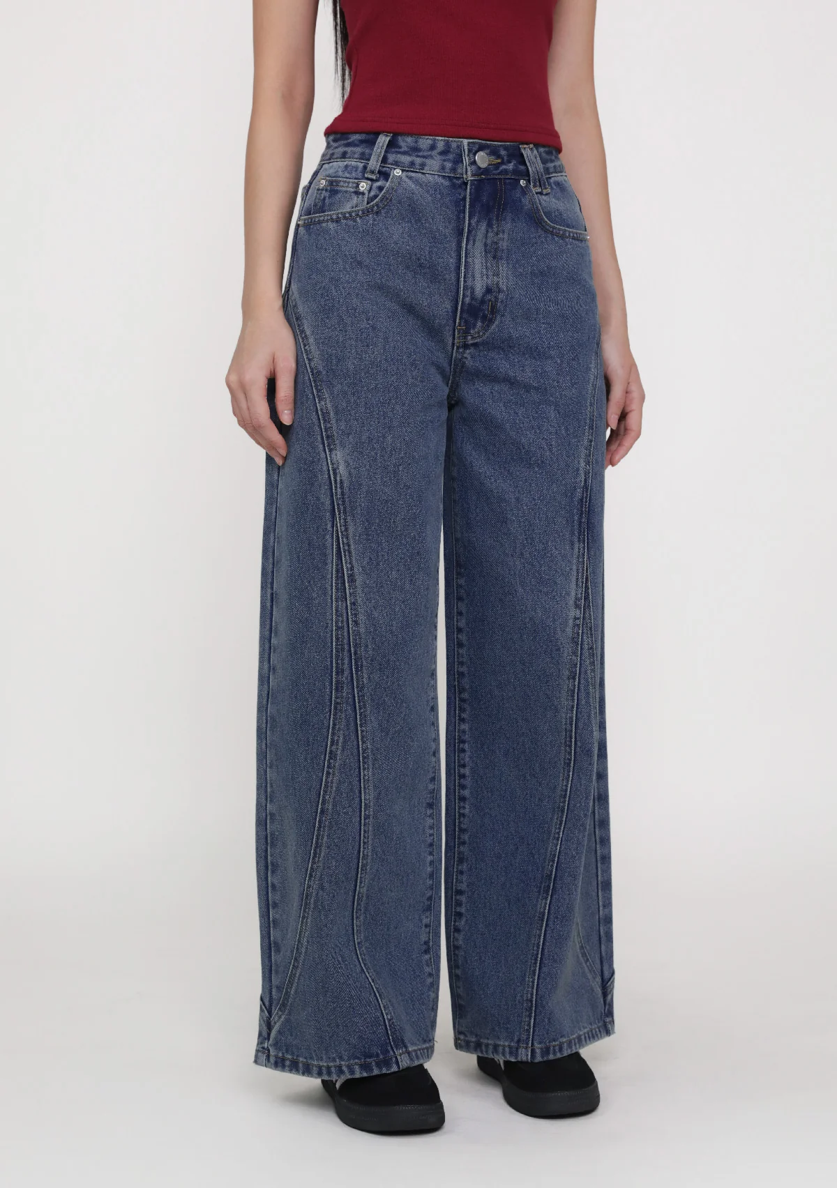 Jake Topstitch Wide Leg Denim Jeans - Image 9